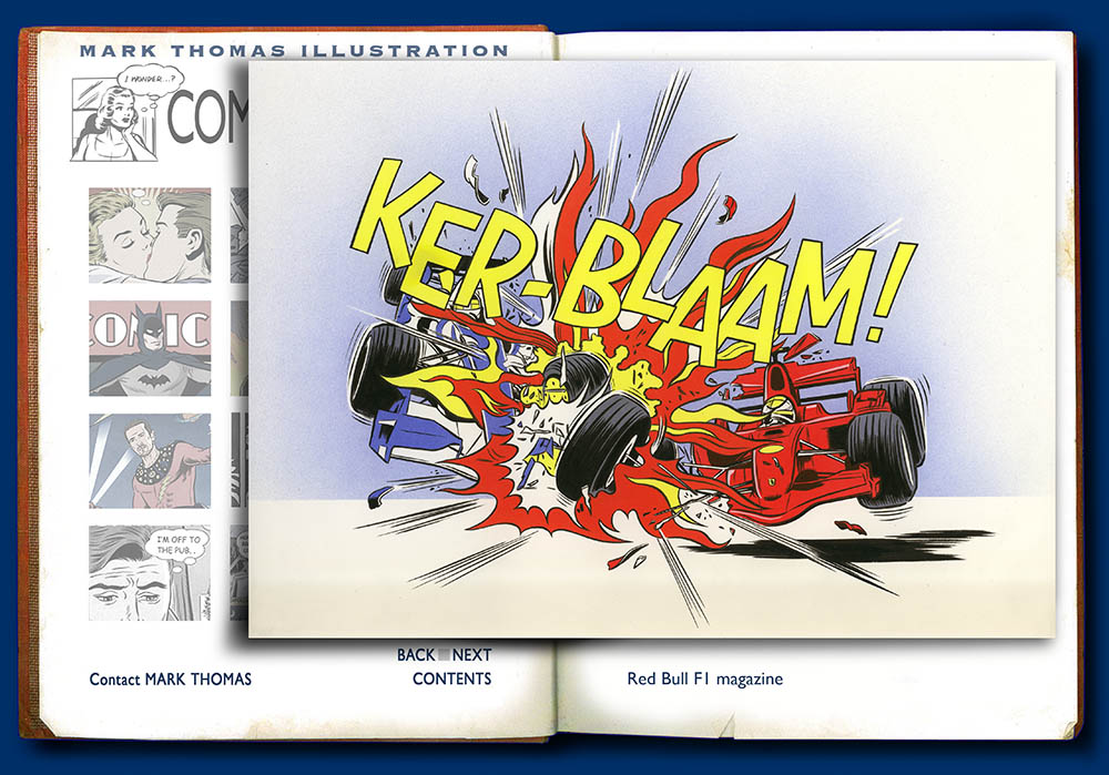 Ker-Blaam, Lichtenstein, Red Bull F1. Comic style illustration by Mark Thomas. Please note this is a UK based all image site